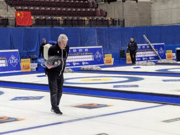 Chief ice technician Mark Callan pebbles the ice ahead of a draw at the World Men's Curling Championship in Ogden, Utah, on Thursday, April 3, 2026. (Ryan Olson, Standard-Examiner)